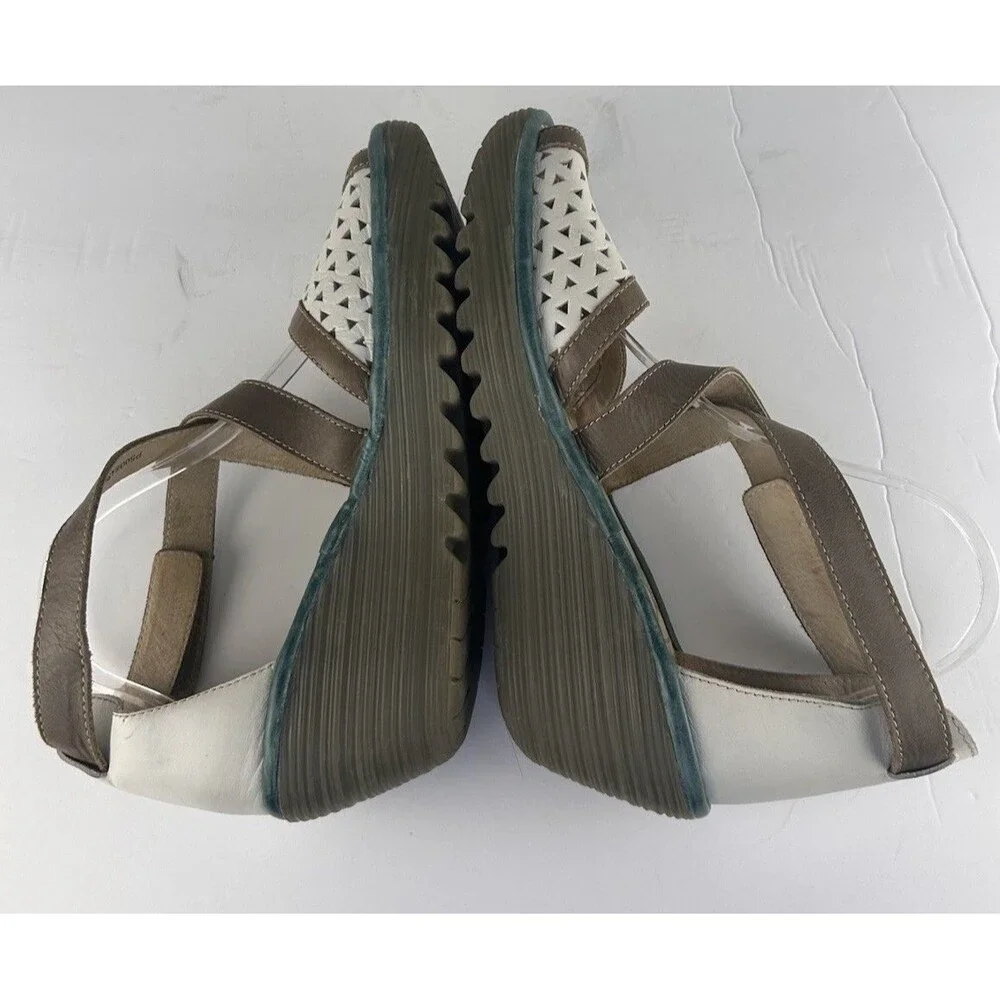 Fly London W EU 41 YUMO White Leather Brown Green Trim Wedge Sandals US 10-10.5